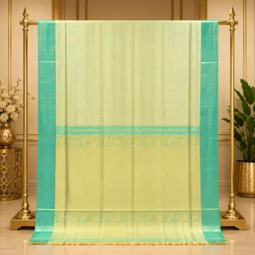 [67109008KE8693] Elegant Mint Green Woven Saree with Gold Motifs and Ornate Pallu