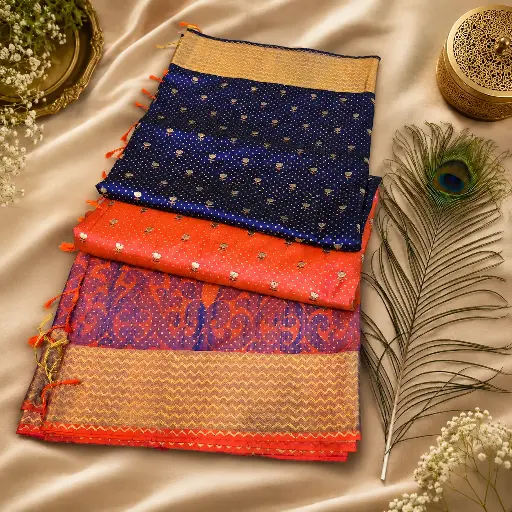 [01417001IK99A8] Royal Navy Blue Banarasi Silk Saree with Coral Orange Contrast Border