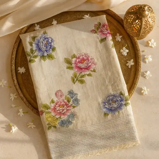 [01409001FK94E0] Elegant Cream Silk Saree With Exquisite Floral Embroidered Applique