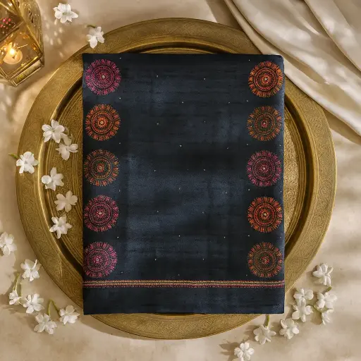 [01409001FK98E0] Elegant Black Silk Saree with Vibrant Circular Embroidery and Mirrors