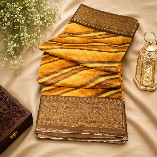 [01409001JR04A4] Golden Mustard Abstract Printed Cotton Silk Saree with Rich Brown Zari Border