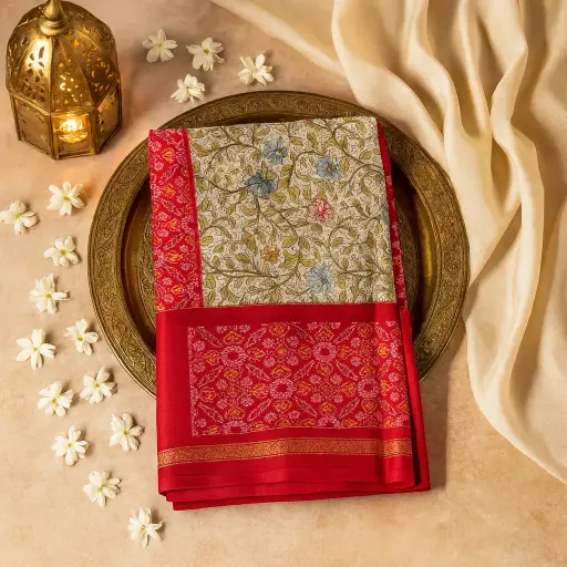 [01409032JR11A4] Exquisite Floral Print Saree with Traditional Ikat Border