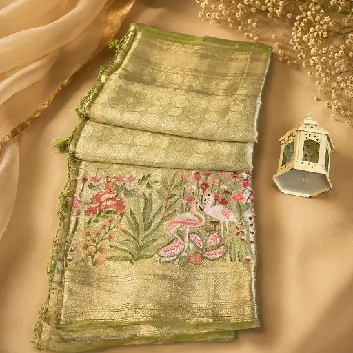 [01410001FK84E0] Premium Olive Gold Banarasi Silk Saree with Handwoven Bird Motif Pallu & Rich Zari Border