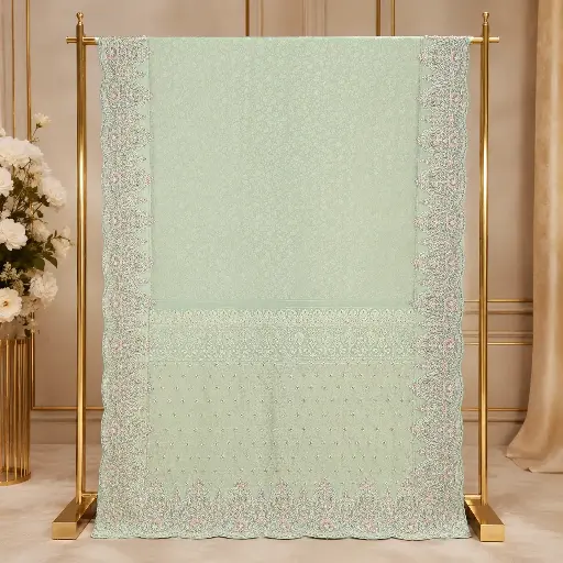 [01410001FL01E0] Mint Green Saree with Pastel Paisley Embroidery and Scalloped Border
