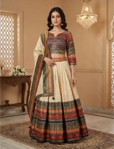 [81942002SH68C1] Cream Silk Banarasi Pleated Lehenga Set with Multi-Color Blouse