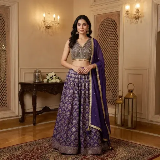 [03142005IS59B2] Royal Purple Embroidered Lehenga Choli Set with Dupatta