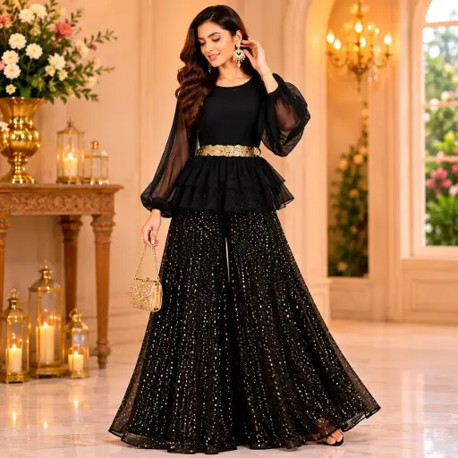 [03125005HV84C2] Elegant Black Sequins Palazzo Set for Women with Layered Peplum Top