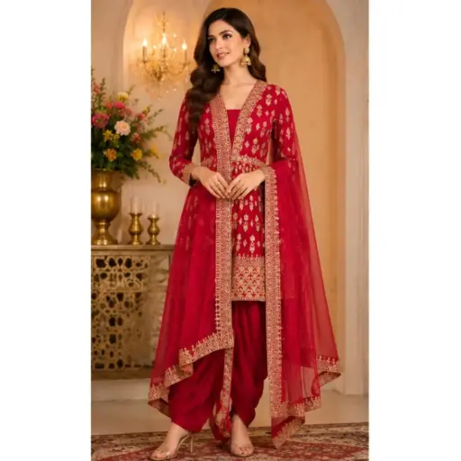 [03125005IS47B2] Women's Rani Pink Embroidered Kurta Patiala Set with Dupatta