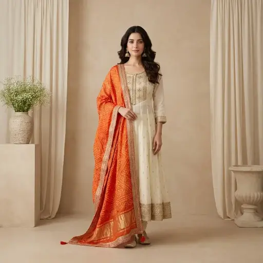 [03125005YA83E1] Ivory Embroidered Silk Kurti Set with Orange Bandhani Dupatta
