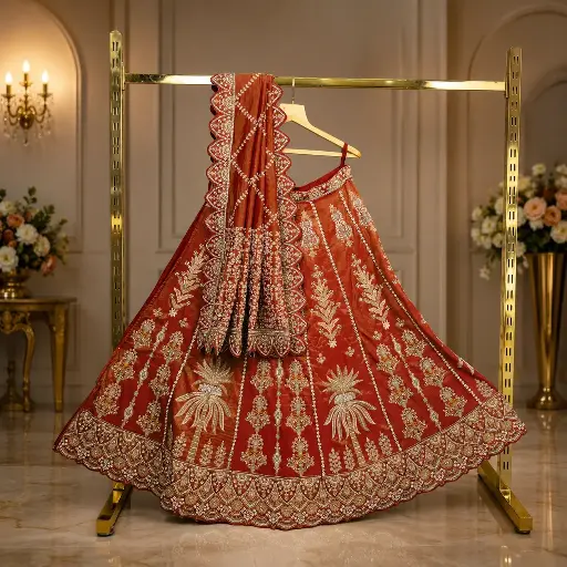 [93818001EB06E3] Women's Terracotta Bridal Lehenga Choli with Gold Palm Embroidery and Matching Dupatta