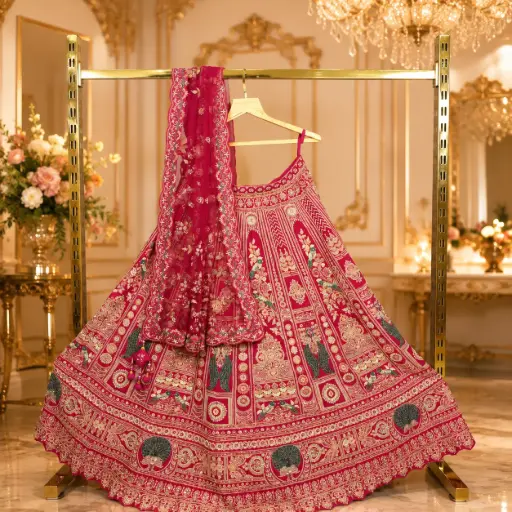 [93818001EB38E3] Women's Red Bridal Lehenga Choli with Peacock Embroidery, Sequins & Matching Net Dupatta for Wedding