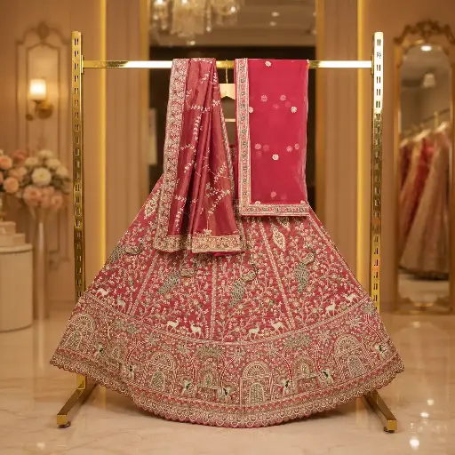 [93818001EG50E4] Women's Rose Pink Bridal Lehenga Choli with Peacock Embroidery and Dual Dupatta