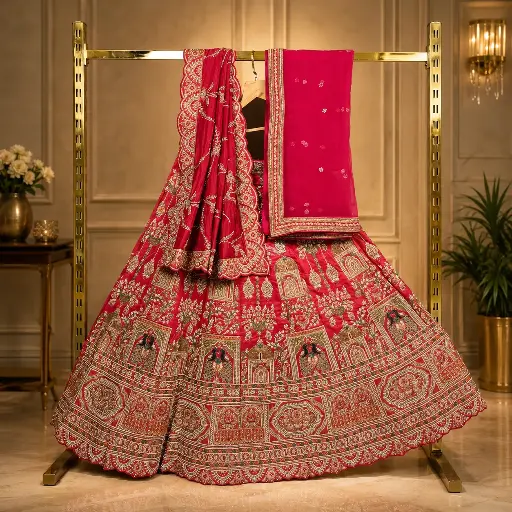 [93818001EG52E4] Women's Rose Pink Bridal Lehenga Choli with Temple Motif Embroidery and Matching Dupatta