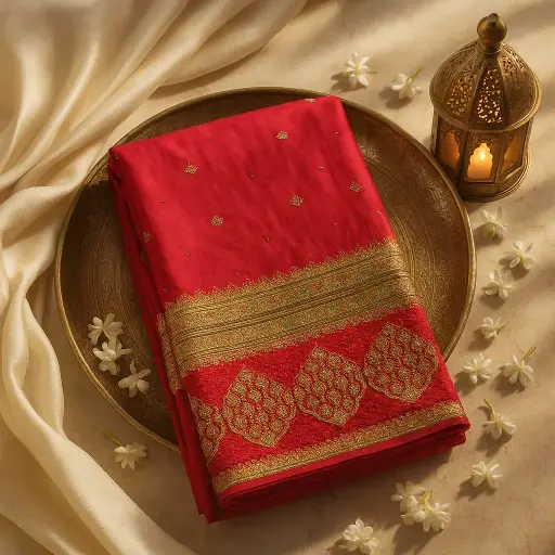 [28710001OX6060] Red and Olive Green Dual-Tone Silk Embroidered Saree