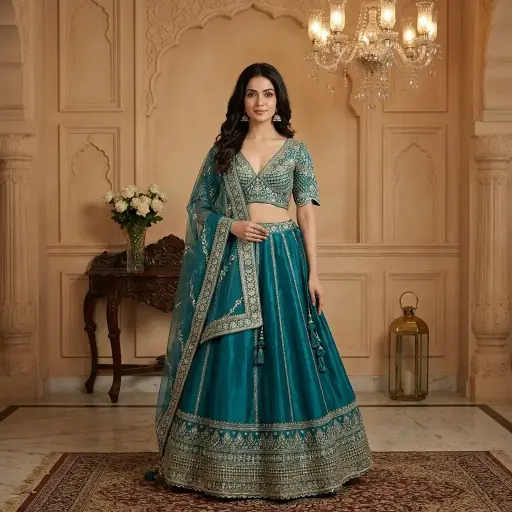 [76018025EK97E6] Peacock Teal Silk Embroidered Bridal Lehenga Choli Set