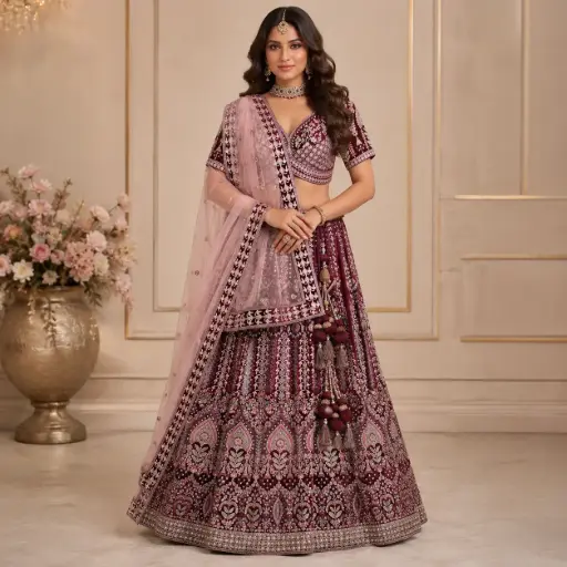 [76018034IO70B0] Women's Wine Embroidered Lehenga Choli with Blush Pink Net Dupatta for Wedding and Festive Wear Sets