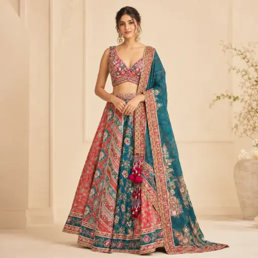 [76018042EJ28E5] Women’s Teal n Red Printed Lehenga Choli with Dupatta, Sleeveless V-Neck Blouse