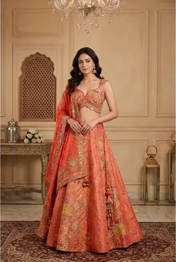 [76018055EK03E5] Coral Orange Silk Hand-Embroidered Bridal Lehenga Choli Set