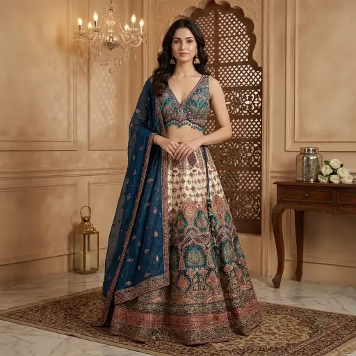 [76018064EJ53E5] Cream and Peacock Blue Embroidered Silk Bridal Lehenga Choli Set