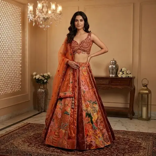 [76042001EL25E6] Rust Velvet and Printed Panelled Designer Lehenga Choli Set