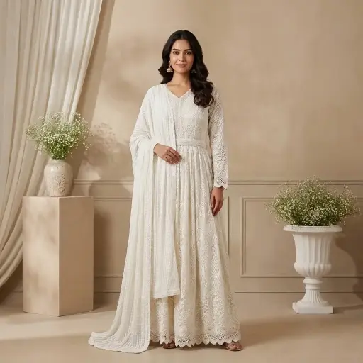 [71525003GQ86D1] Ethereal Ivory Embroidered Georgette Flared Anarkali Gown Set 