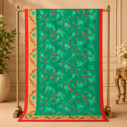 [38109001RL6344] Women's Teal Green Saree with Rose Floral Print, Bird Border
