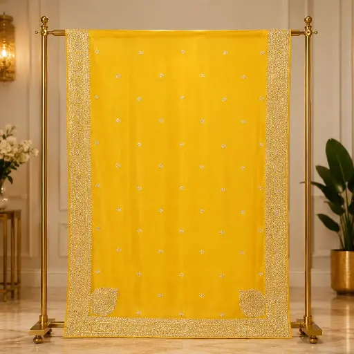 [91113001FK76E0] Mustard Yellow Saree with Sequin Motifs and Heavy Embroidered Border
