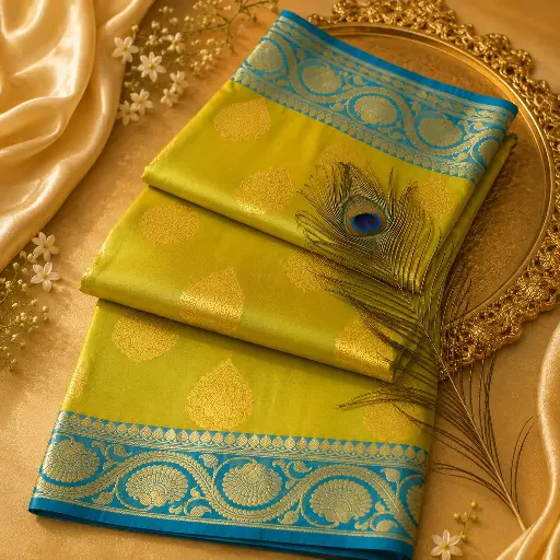[15409001LI9575] Elegant Lime Green Banarasi Silk Saree with Gold Zari Butis & Sky Blue Border