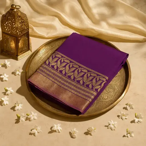 [73809072HE71B7] Elegant Purple Silk Saree with Traditional Gold Zari Border