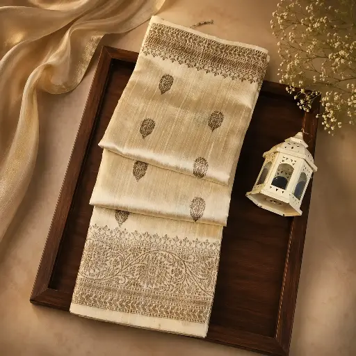 [73809001FN41E0] Elegant Beige Soft Silk Saree with Brown Zari Border