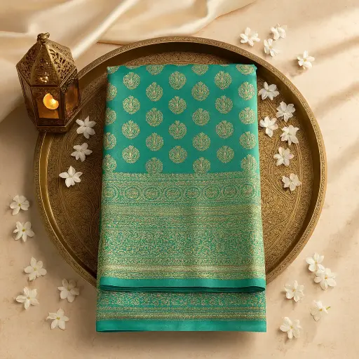 [73809001FN51E0] Elegant Teal Ombre Banarasi Silk Saree with Traditional Zari Work
