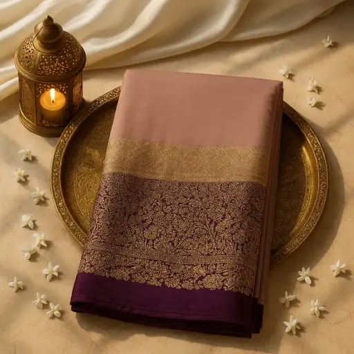 [73809001FN40E0] Elegant Mauve Silk Saree with Rich Traditional Zari Border