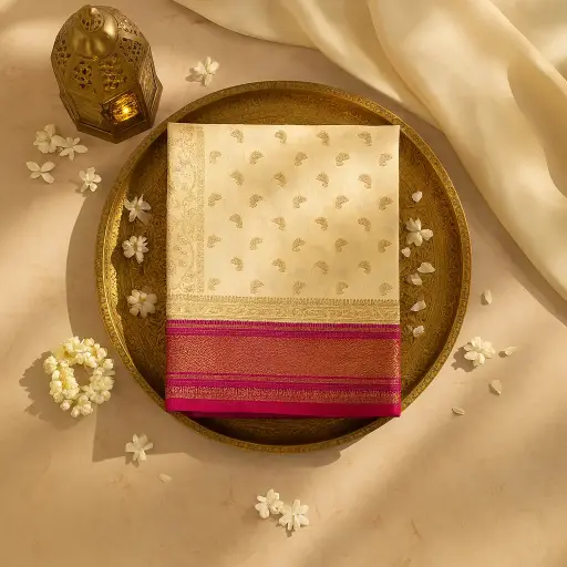[73809001FN52E0] Elegant Cream and Magenta Silk Zari Woven Designer Saree