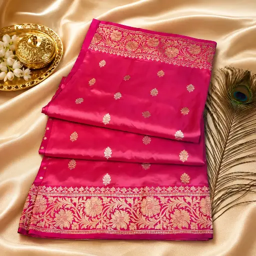 [73809001HE51B7] Elegant Rani Pink Banarasi Silk Saree with Gold Zari Floral Border