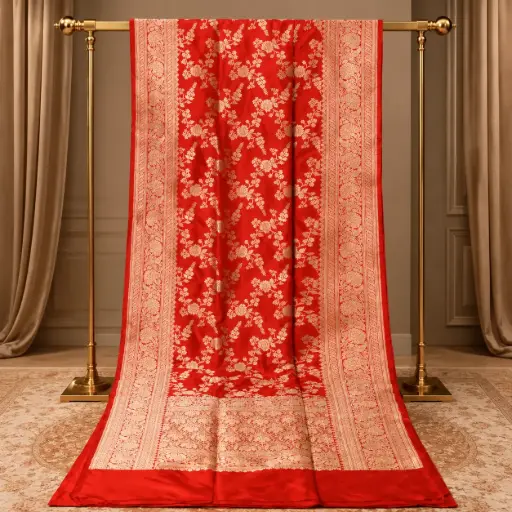 [73809072UY03E0] Red Banarasi Style Silk Saree with Golden Floral Zari Weave and Broad Traditional Border
