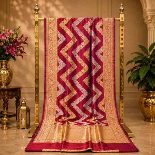 [73809001HJ91B9] Regal Red Purple Woven Saree with Gold Silver Chevron Motifs and Ornate Zari Border