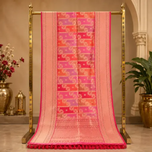 [73809031JR40A4] Elegant Pink Coral Banarasi Style Saree with Golden Zari Floral Weave, Rich Border and Tassel Pallu