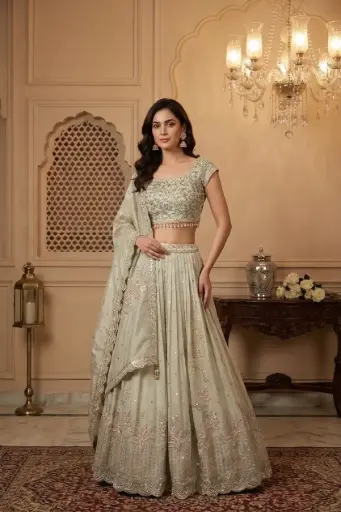 [93518001EG79E4] Champagne Tissue Silk Embroidered Lehenga Choli Set