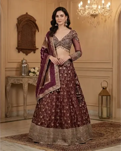[93518002FZ36E2] Deep Wine Silk Embroidered Mirror Work Bridal Lehenga Set