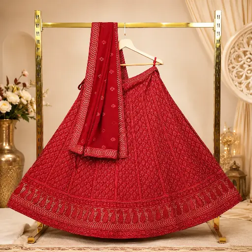 [73418001IQ3599] Women's Wine Red Embroidered Lehenga Choli with Matching Dupatta