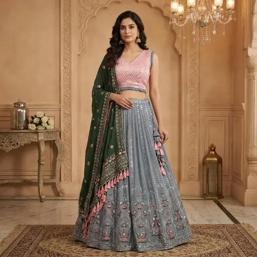 [73418001JJ67A2] Pastel Pink and Slate Blue Embroidered Georgette Lehenga Set