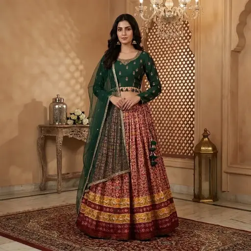 [73418001JU62A5] Bottle Green and Maroon Patola Print Silk Lehenga Choli Set