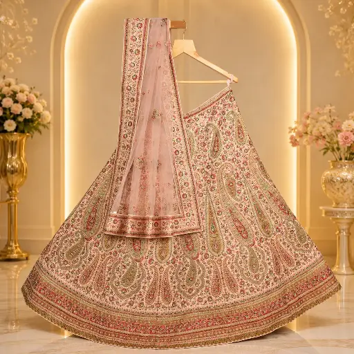 [73418018JM58A4] Women's Ivory Pink Embroidered Lehenga Choli with Net Dupatta