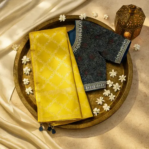 [73417001IW98B5] Elegant Yellow Silk Zari Saree with Contrast Designer Blouse