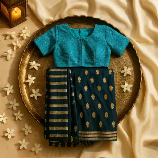 [73417001JN22A4] Elegant Navy Blue Designer Saree with Embellished Teal Blouse