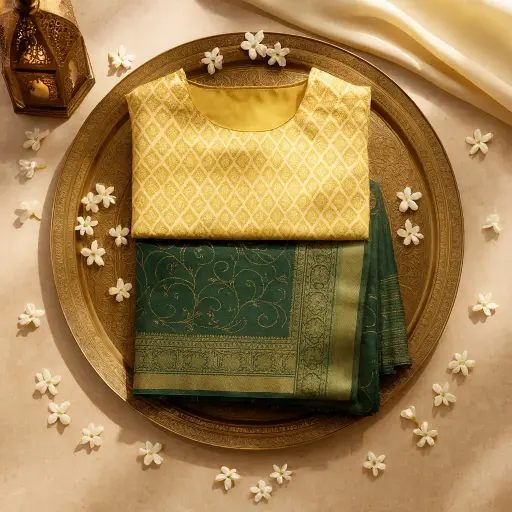 [73417001KD79B4] Elegant Dark Green Zari Embroidered Saree with Mustard Blouse