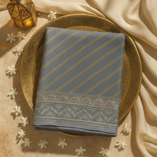 [73417001XK65A9] Elegant Grey Striped Saree with Intricate Zari Embroidery