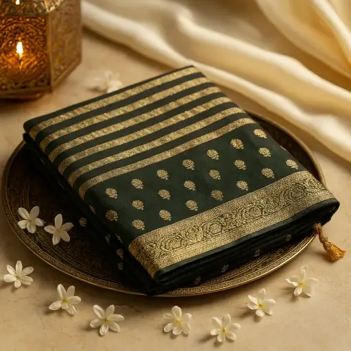 [73417025JN22A4] Elegant Bottle Green Striped Saree with Contrast Mustard Blouse
