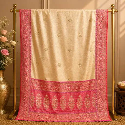 [92010001FQ32E0] Ivory Gold Dupatta with Pink Embroidered Border and Paisley Panel