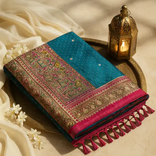 [92010001FQ38E0] Teal Blue Silk Saree with Hand-Embroidered Elephant Border